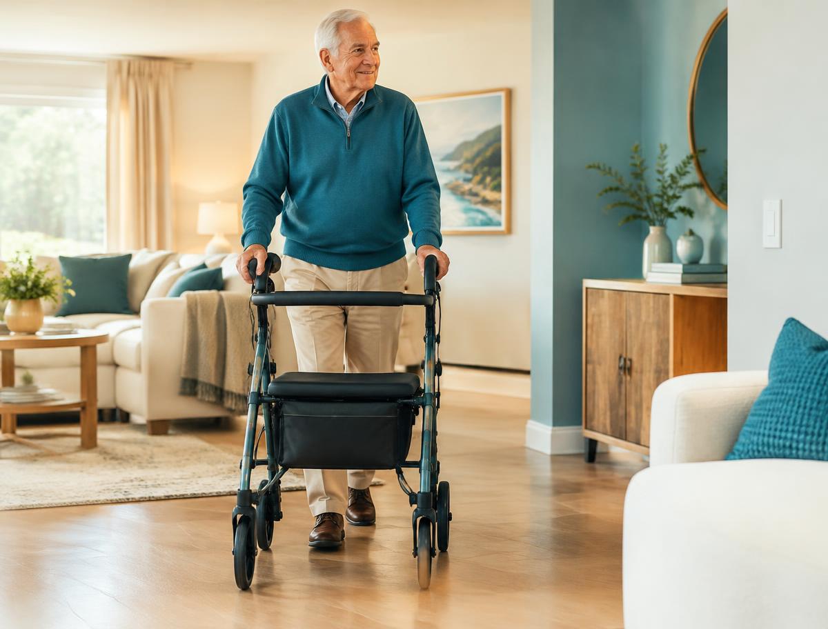Senior walking with a rolling walker